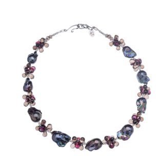 Black Baroque Pearls, Garnet, Smoky Quartz and Sterling Silver Necklace