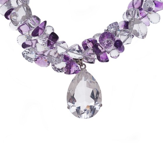 crystal quartz pendant on multi-strand necklace of amethyst, white topaz and crystal quartz