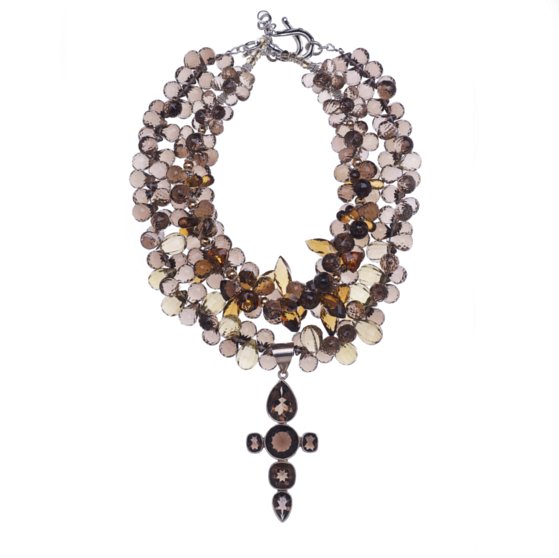 multi-strand cross necklace in smoky quartz, whiskey citrine, 14K gold and sterling silver