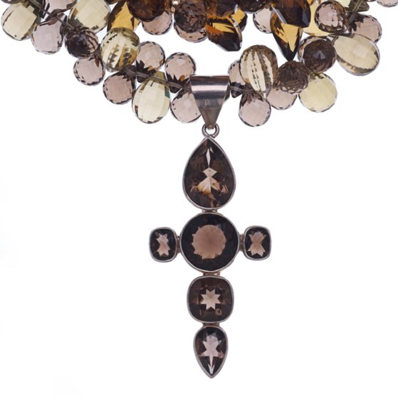multi-strand cross necklace in smoky quartz, whiskey citrine, 14K gold and sterling silver