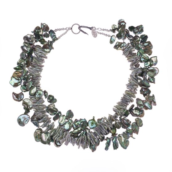 green cornflake fresh water pearls necklace