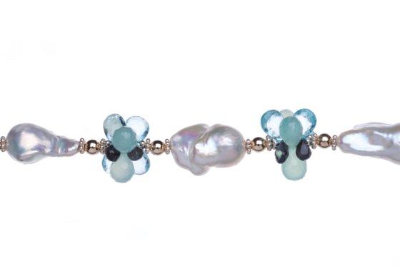 Baroque White Pearls, Blue Topaz, Aqua Chalcedony, 14K Gold and Sterling Silver