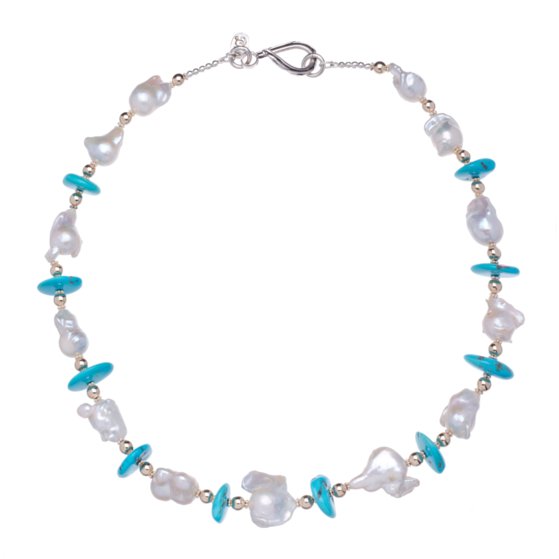Baroque White Pearls, Sleeping Beauty Turquoise, 14K Gold and Sterling Silver