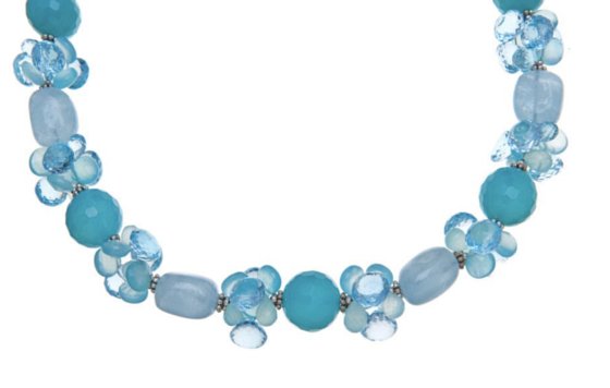 Aquamarine, Sea Blue Chalcedony and Swiss Blue Topaz Necklace with Sterling 