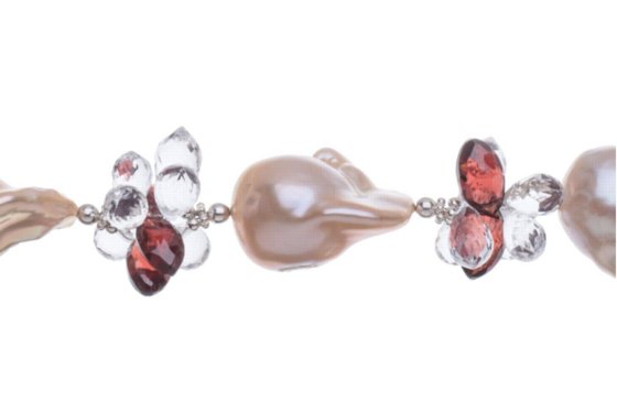  Peach Baroque Pearls, Garnet, Clear Quartz and Sterling Necklace