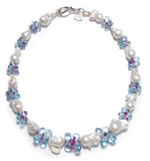 baroque pearls, blue topaz and ruby necklace