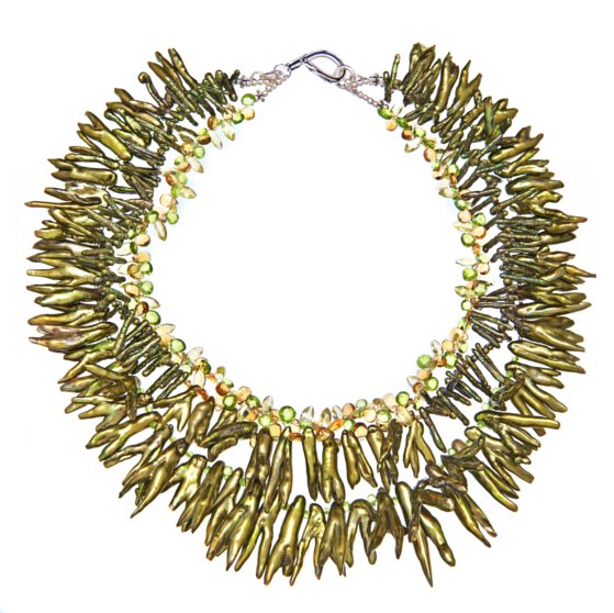 golden green fresh water pearls necklace